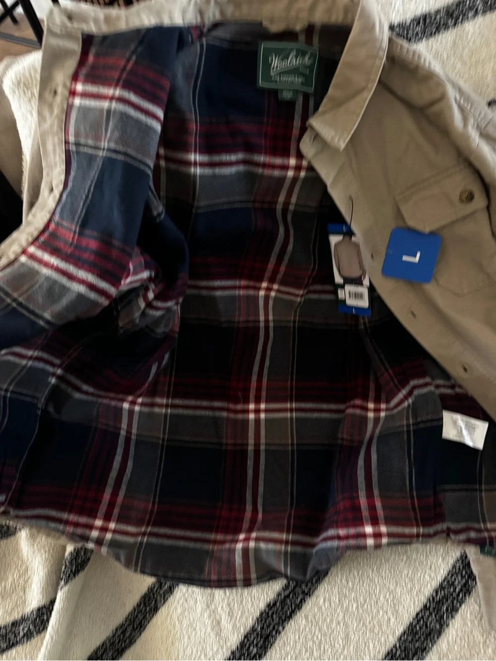 Woolrich Men's Tan Button-Front Shirt Jacket with Plaid Lining